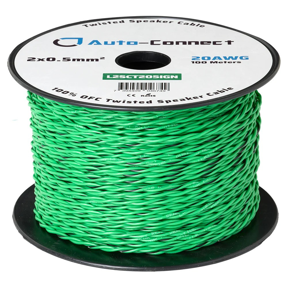 Auto-Connect tvunnet OFC-høyttalerkabel 2x0,5 mm², grønn løpemeter