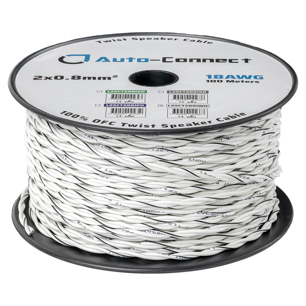 Auto-Connect tvinnet høyttalerkabel 2x0.8mm² hvit, pris per meter