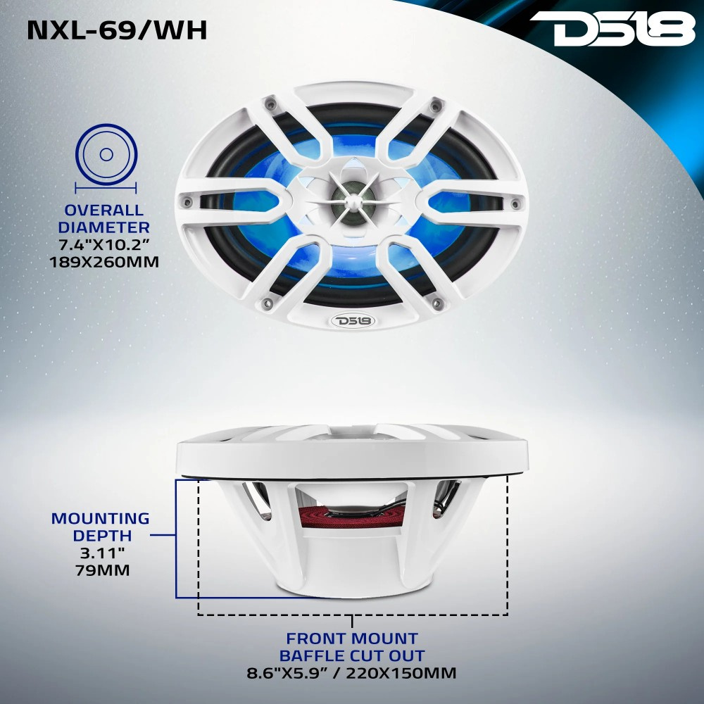 DS18 NXL-69/WH, hvite 6x9-tommers marinehøyttalere med LED, par