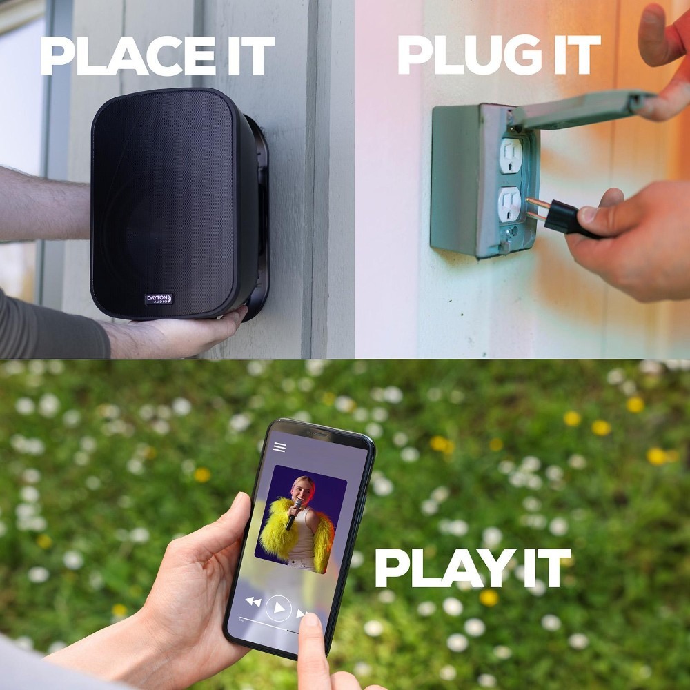 Dayton Audio IO65XP, aktive 6,5-tommers utendørshøyttalere, svart par