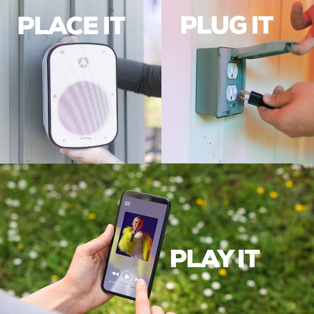 Dayton Audio IO65XP, aktive 6,5-tommers utendørshøyttalere, hvitt par