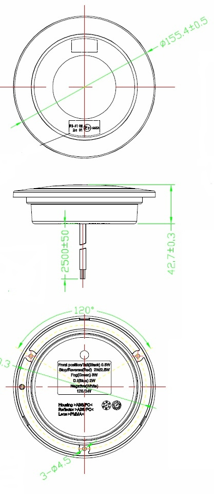 Strands Red Eye Baklykt Bak/Brems/Blinklys, 24 LED 10-30V. 2,5M Kabel.
