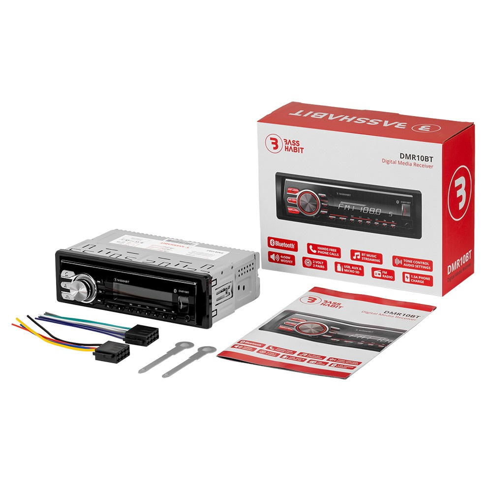 Bass Habit DMR10BT, bilstereo med Bluetooth, AUX, USB og 2 par lavnivå