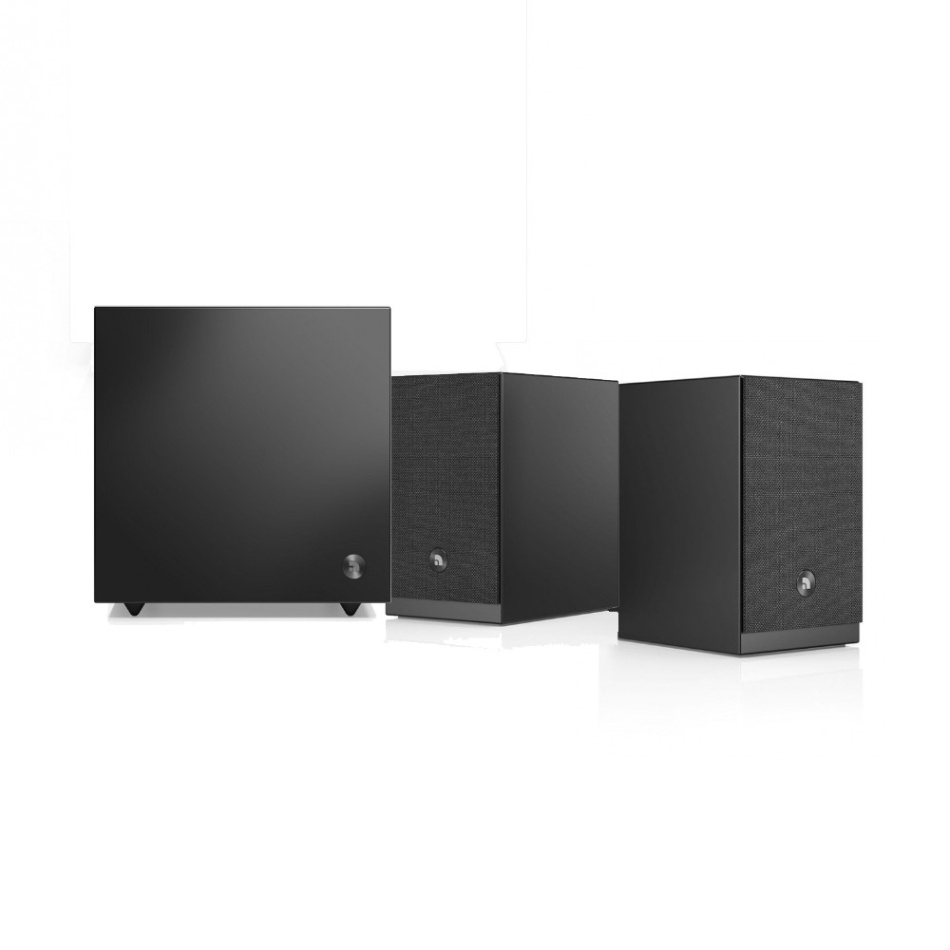 Audio Pro A28 W i svart med SW-5, aktivt 2.1 høyttalerpakke