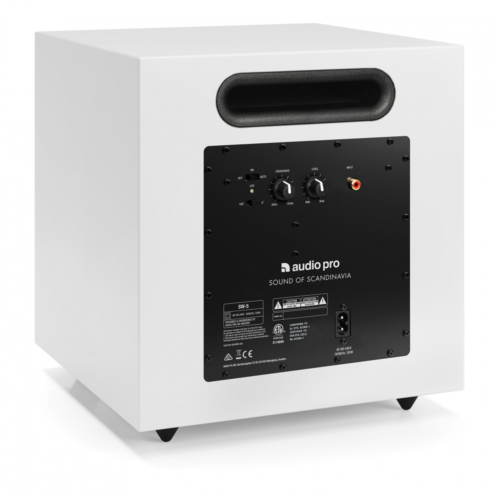 Audio Pro A28 W i hvitt med SW-5, aktivt 2.1 høyttalerpakke