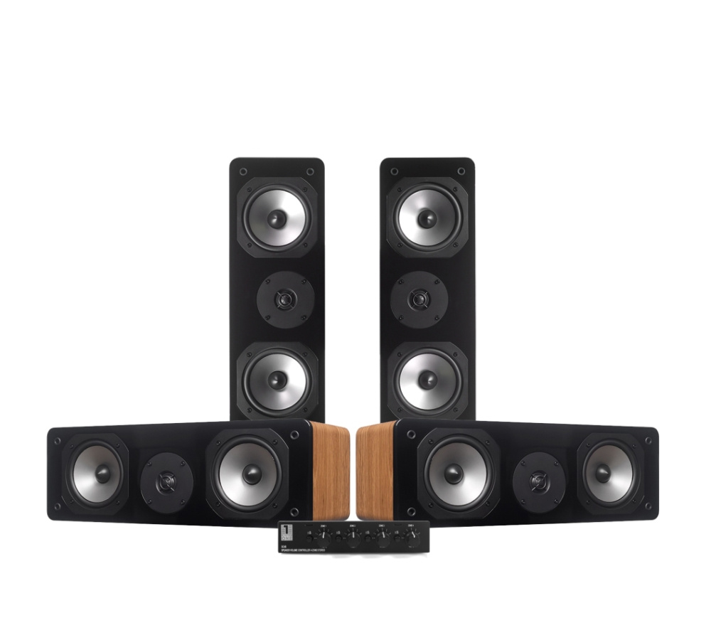 4-pakning Dynavoice C-5 i eik med System One SC4B høyttalerbryter, garasjepakke