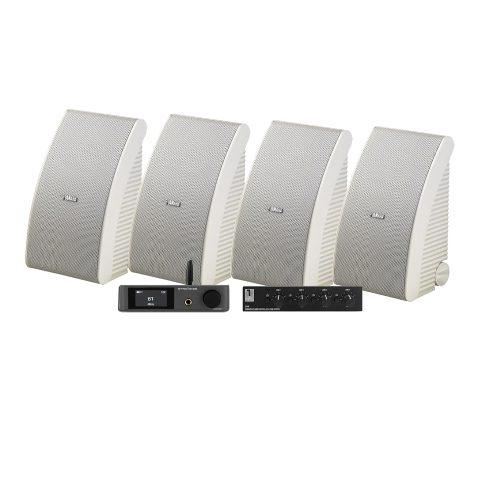 4-pakning Yamaha NS-AW592 i hvitt med Dynavoice CA802BT og SC4B, utendørspakke