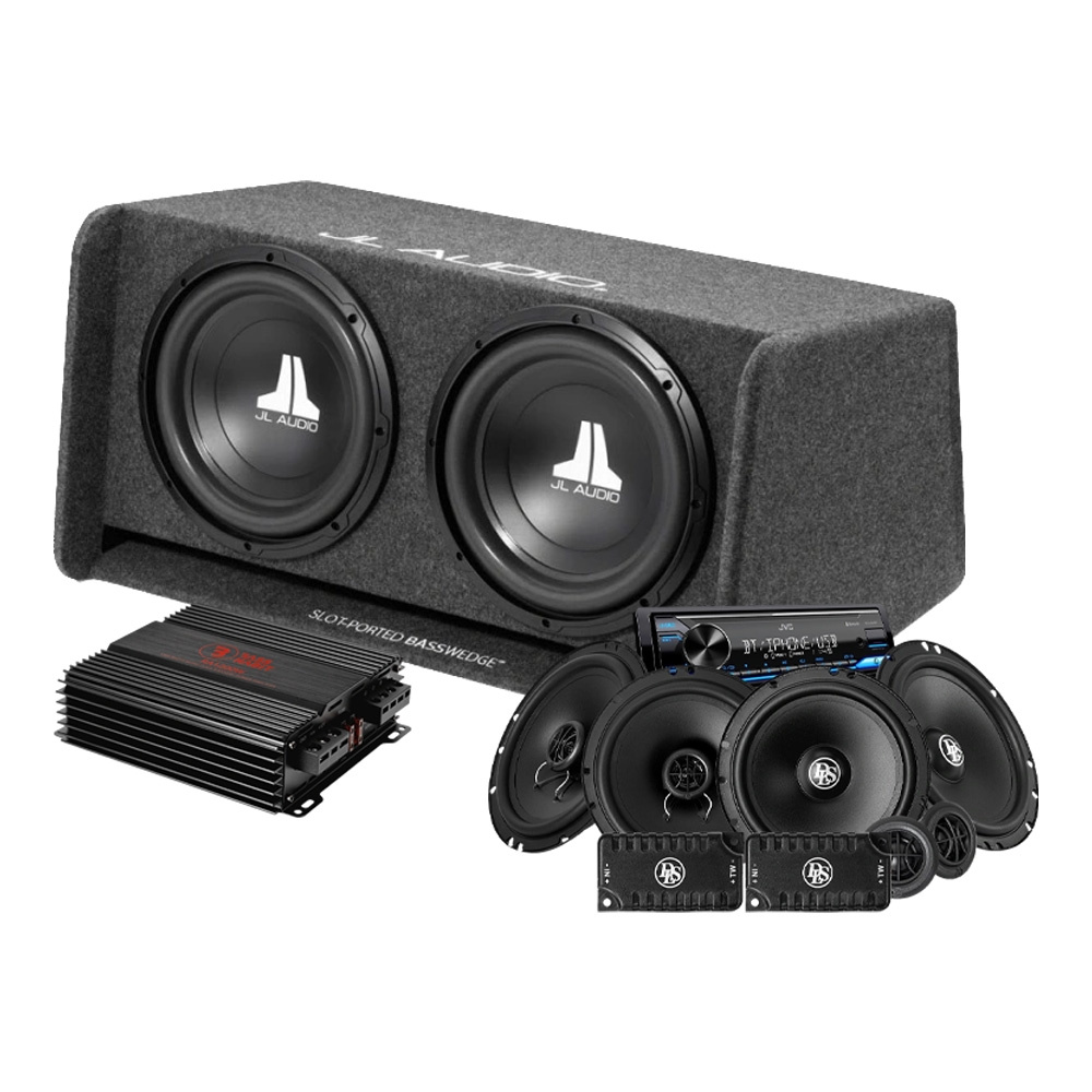 JL Audio CP212-W0v3 med RA1200W, KD-X382BT og DLS-høyttalere, komplett pakke