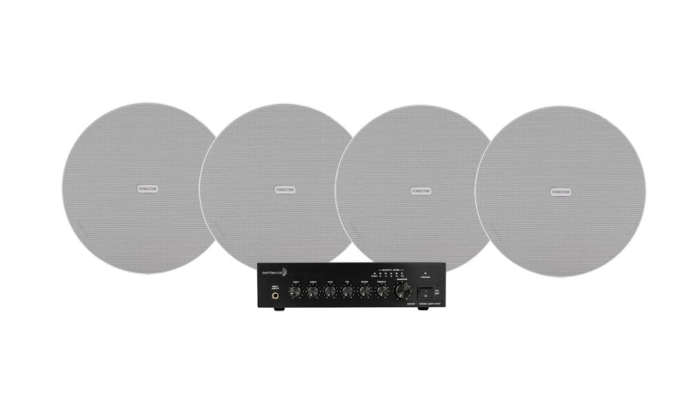 Dayton Audio DA40T med 4 stk Fonestar Sky-6T, kommersielt 100V-pakke