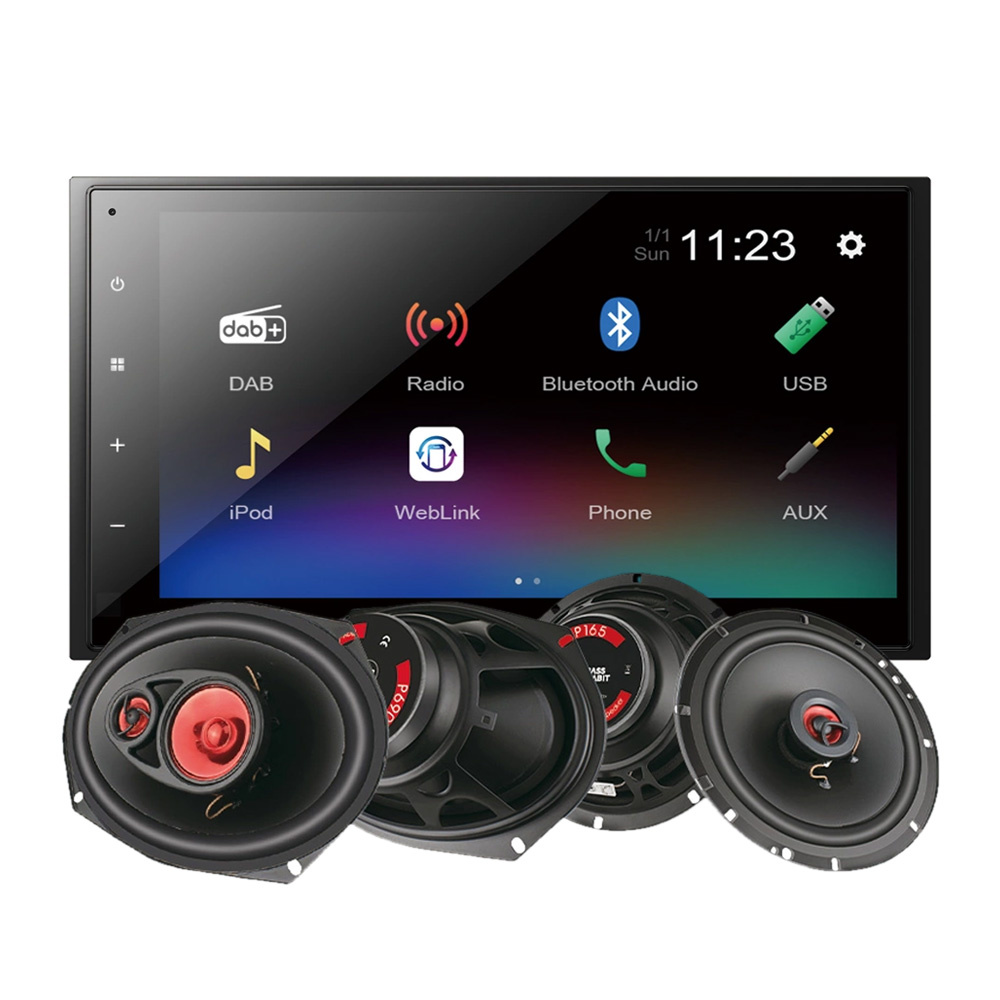 Pioneer DMH-A340DAB & Bass Habit PLAY-högtalare, bilstereopaket