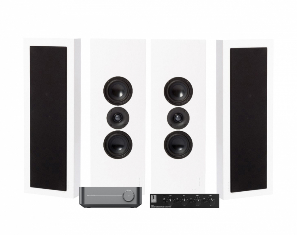 WiiM Amp, SC4B & 2 par matt hvit DLS Flatbox XL