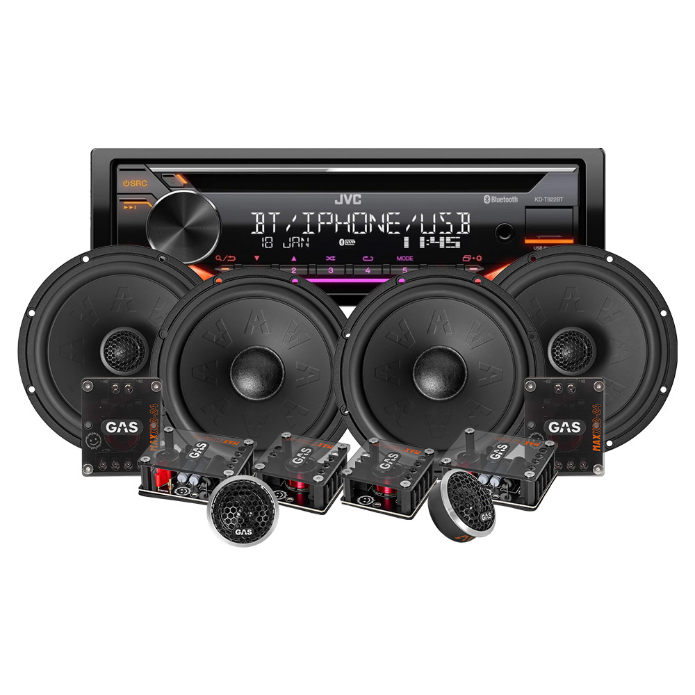 JVC KD-T922BT & GAS MAX K2/X2 front- og baksystem, bilstereopakke