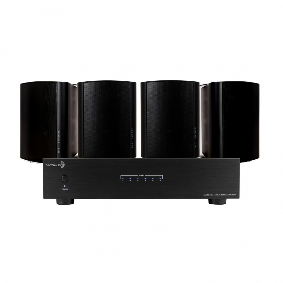 Dayton Audio MA1240 & 2 par DLS MB5i svarte utendørshøyttalere