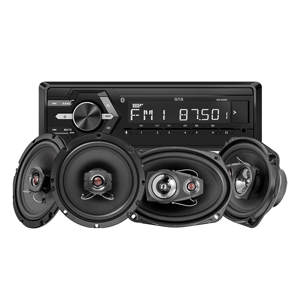 GAS MAD M100-BT bilstereopakke med Bass Habit Rebel-høyttalere