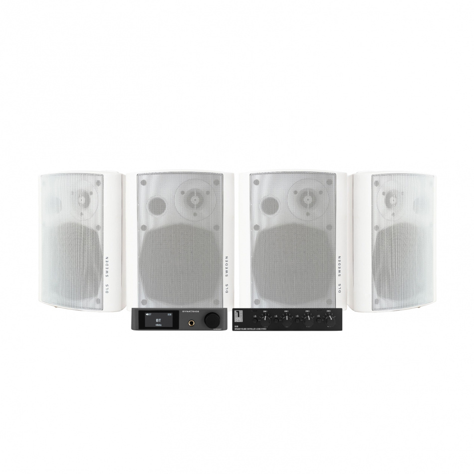 Dynavoice CA802BT med SC4B & 2 par DLS MB5i utendørs høyttalere, hvit