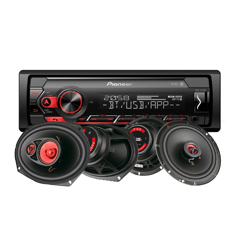 Pioneer MVH-S320BT og Bass Habit Play-høyttalere