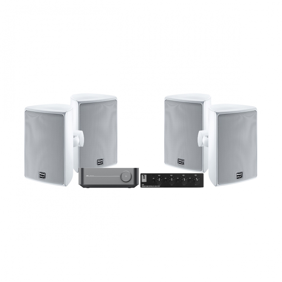 WiiM Amp, SC4B & 2 par Magnat Symbol X-130 utendørshøyttalere, hvit