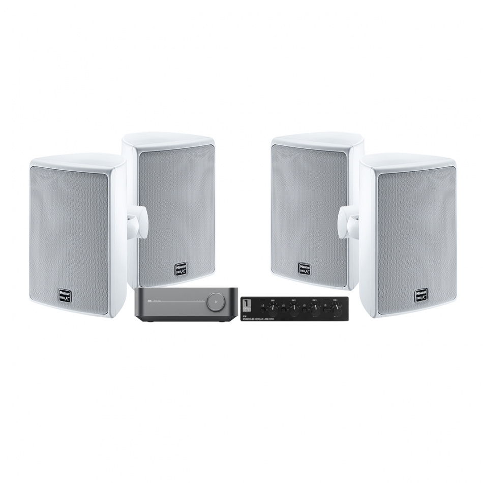 WiiM Amp med 2 par hvite Magnat Symbol X 160 & SC4B høyttalerbryter